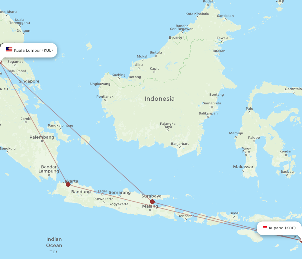 Kupang - Kuala Lumpur route map and flight paths