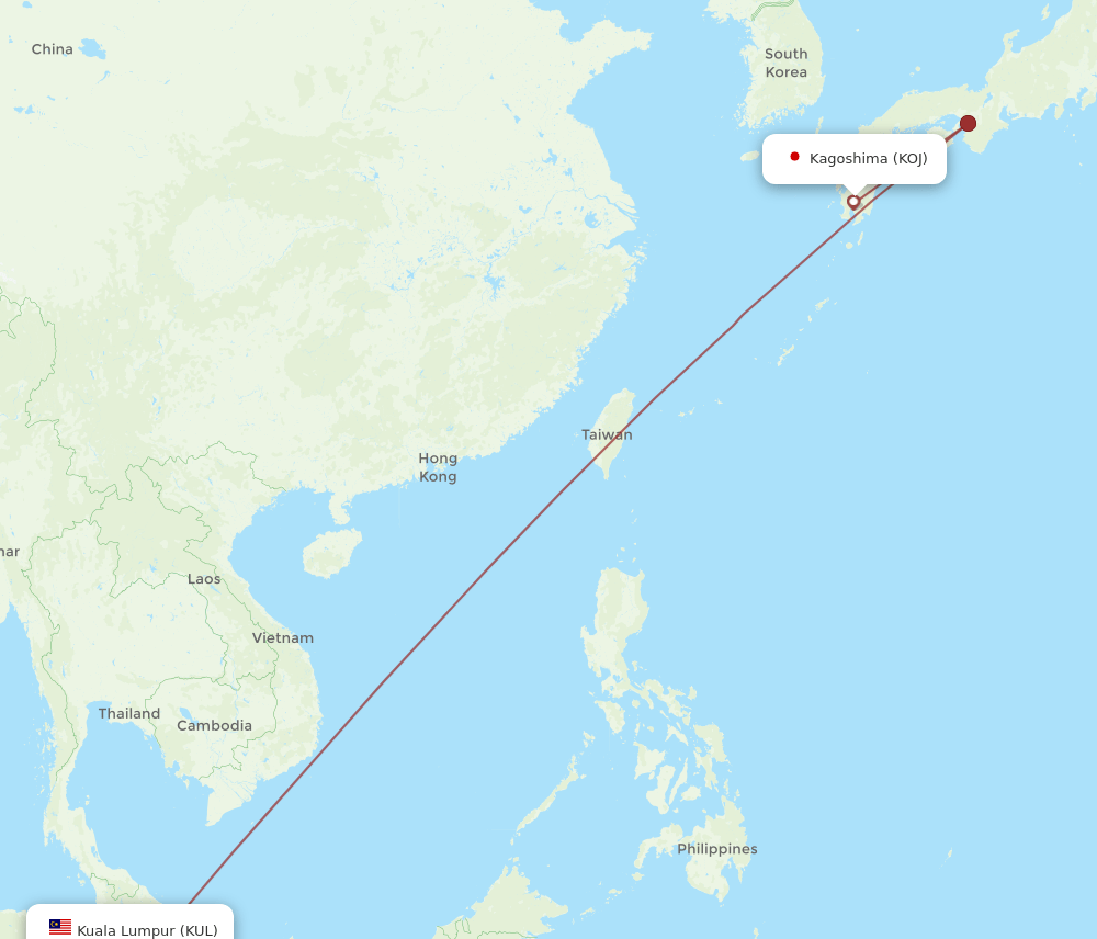 KUL to KOJ flights and routes map