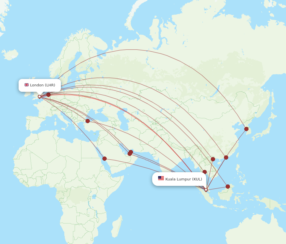 KUL to LHR flights and routes map