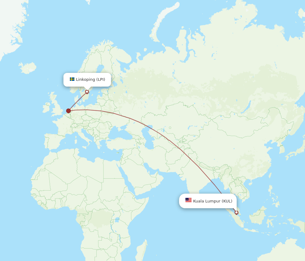 Kuala Lumpur - Linkoping route map and flight paths