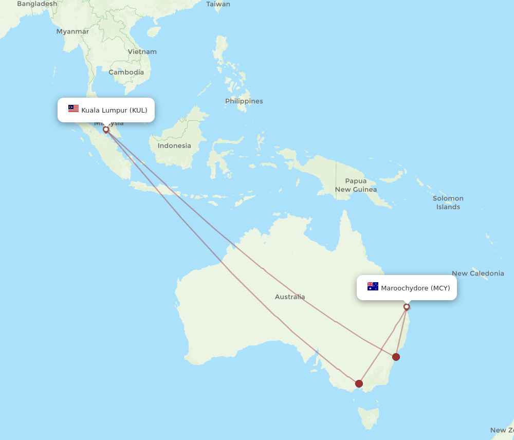 KUL to MCY flights and routes map