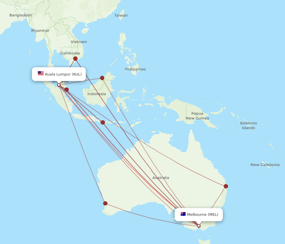 KUL to MEL flights and routes map