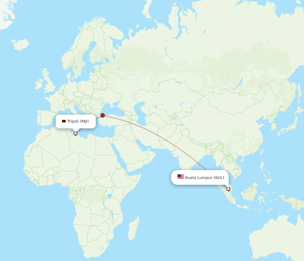 Mitiga, Tripoli - Kuala Lumpur route map and flight paths