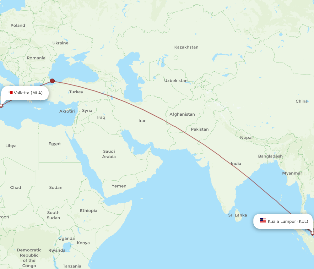 KUL to MLA flights and routes map