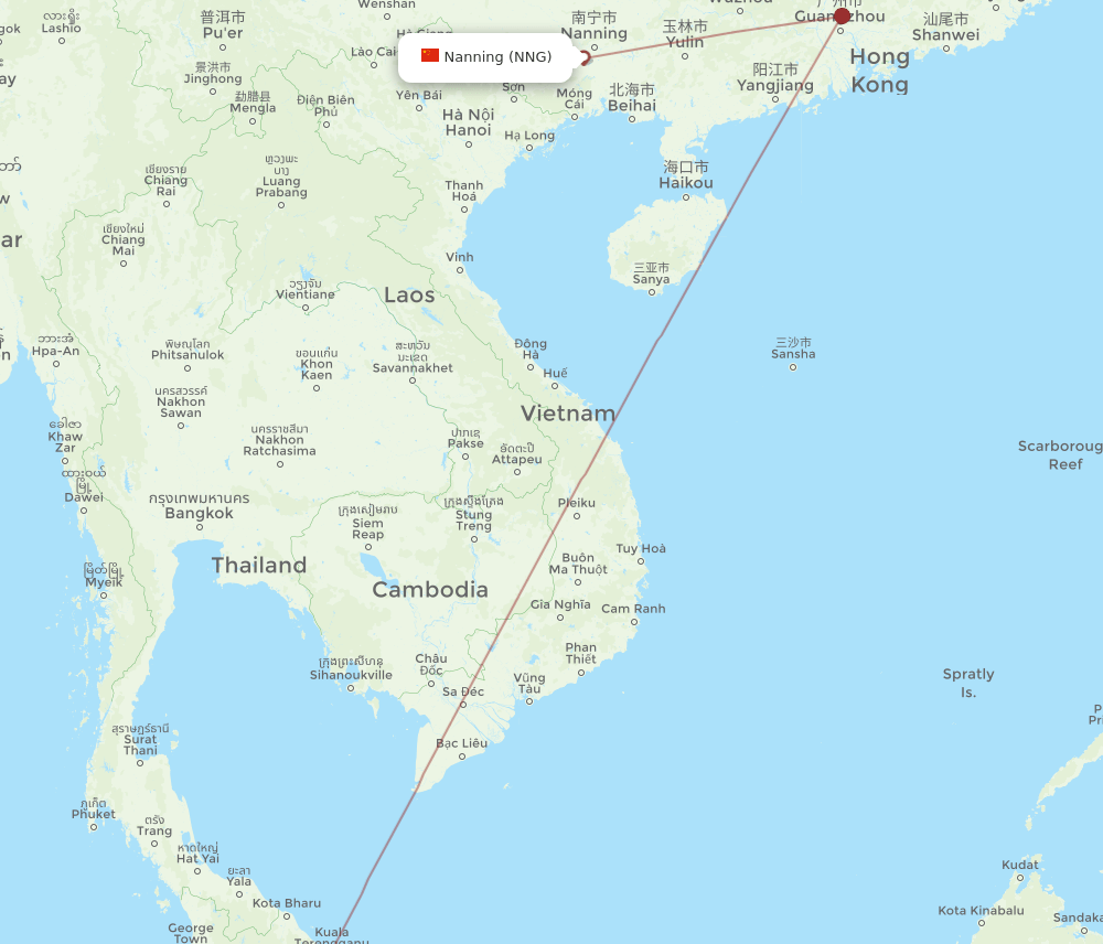 Nanning - Kuala Lumpur route map and flight paths