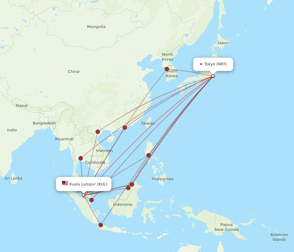 KUL to NRT flights and routes map