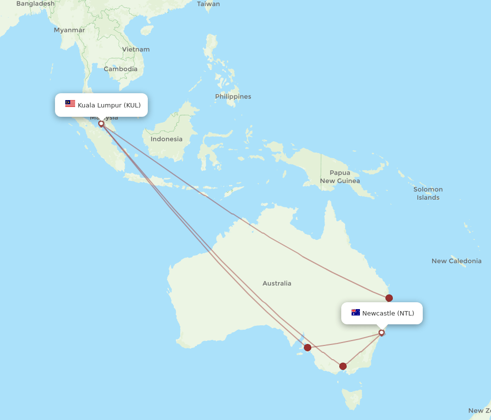KUL-NTL flight routes