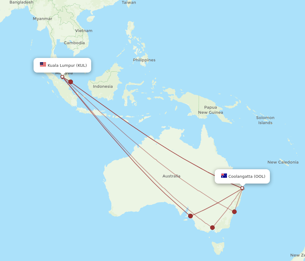 KUL to OOL flights and routes map