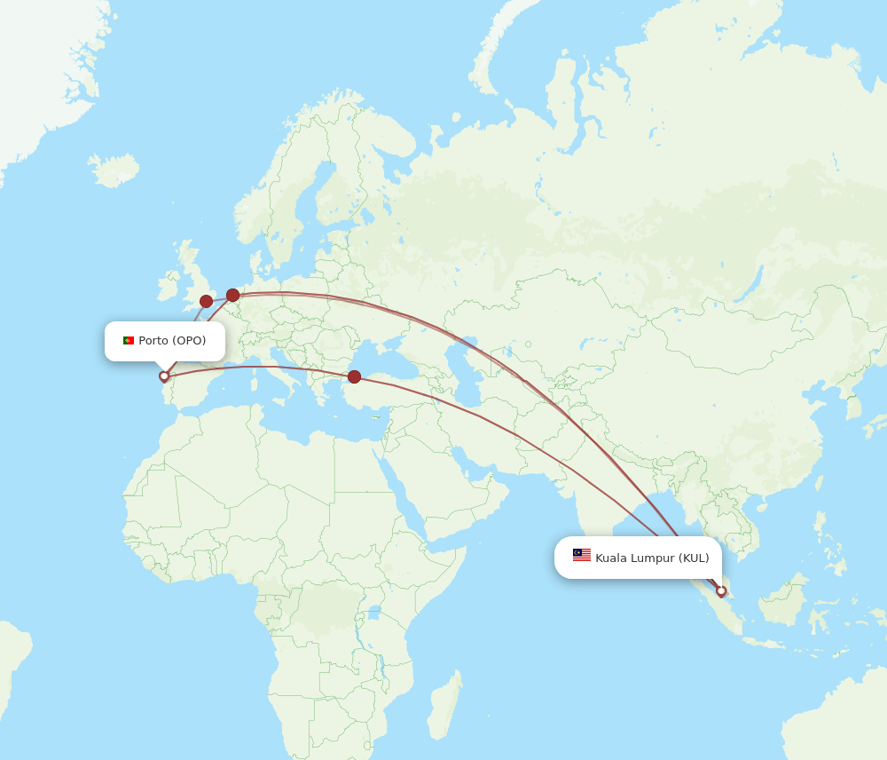 KUL-OPO flight routes