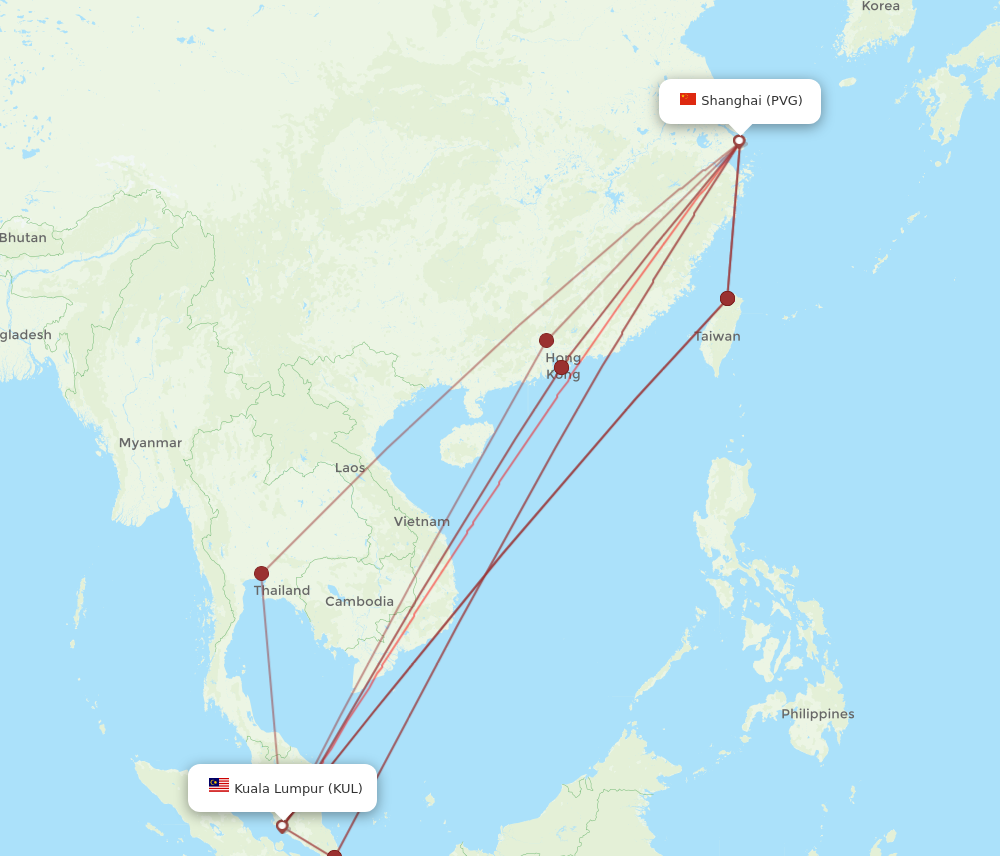 KUL to PVG flights and routes map