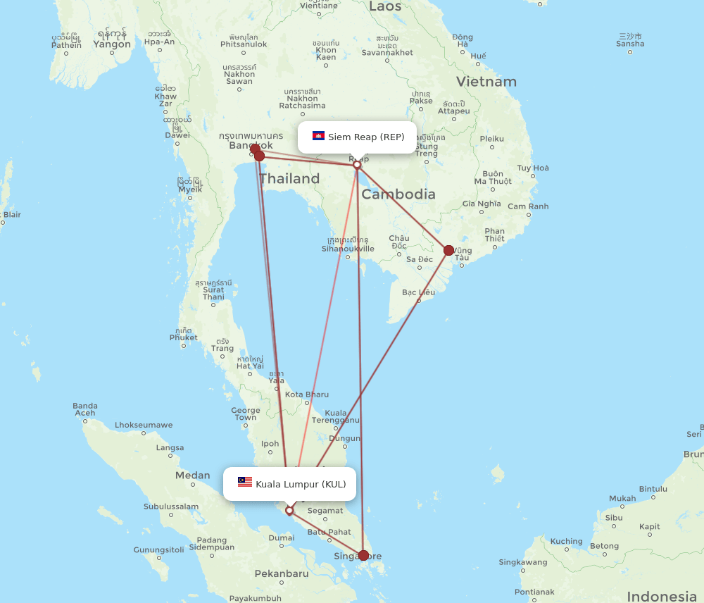 Kuala Lumpur - Siem Reap route map and flight paths