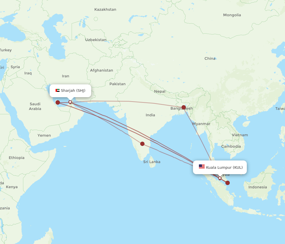 KUL to SHJ flights and routes map