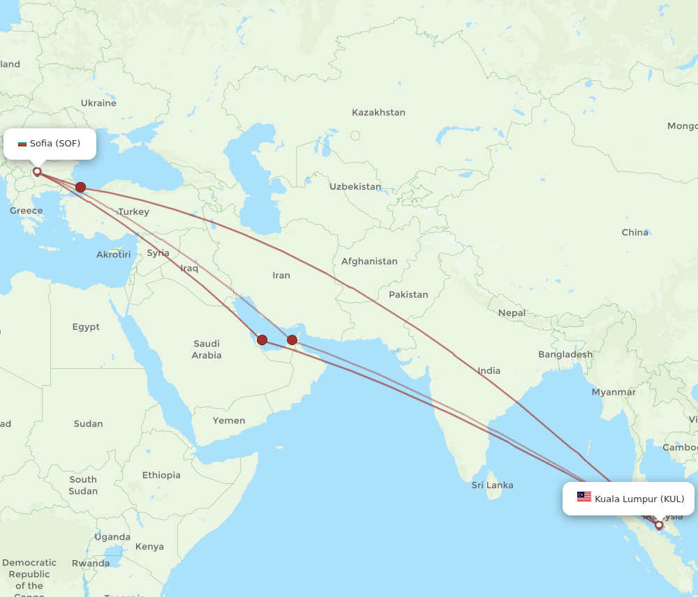 KUL to SOF flights and routes map