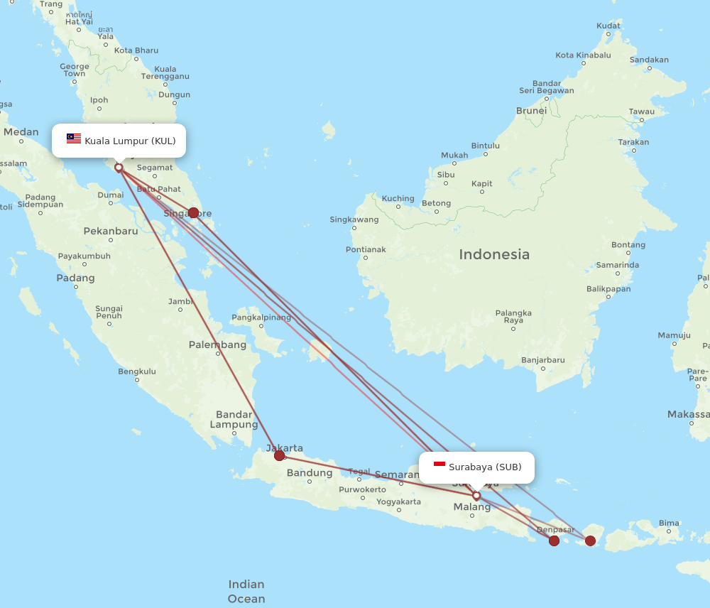 KUL to SUB flights and routes map