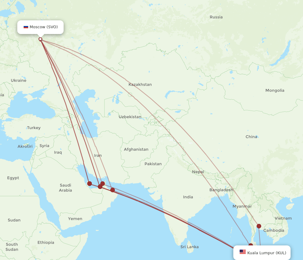 KUL to SVO flights and routes map