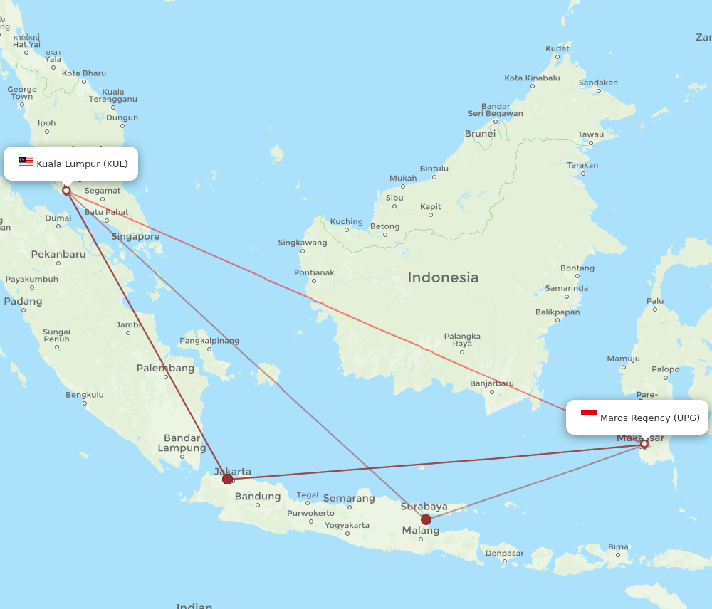 KUL to UPG flights and routes map