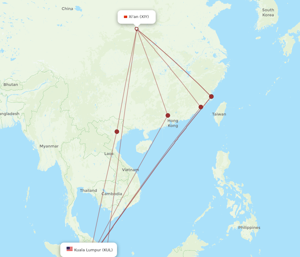 KUL to XIY flights and routes map