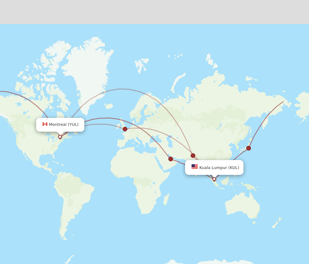 KUL to YUL flights and routes map