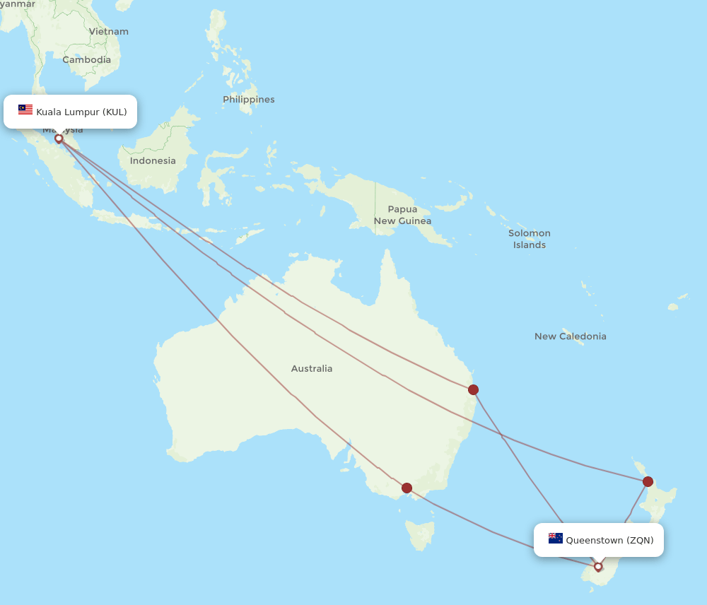 Queenstown - Kuala Lumpur route map and flight paths
