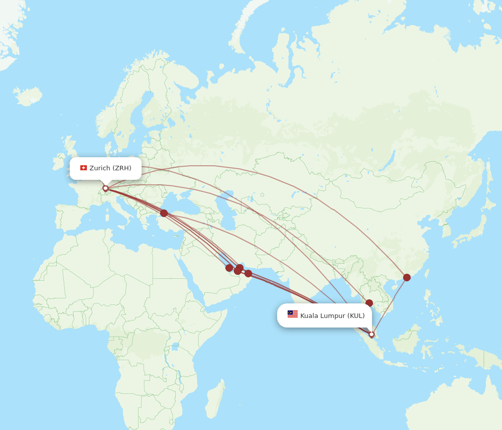 Zurich - Kuala Lumpur route map and flight paths