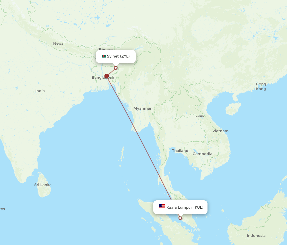 KUL to ZYL flights and routes map