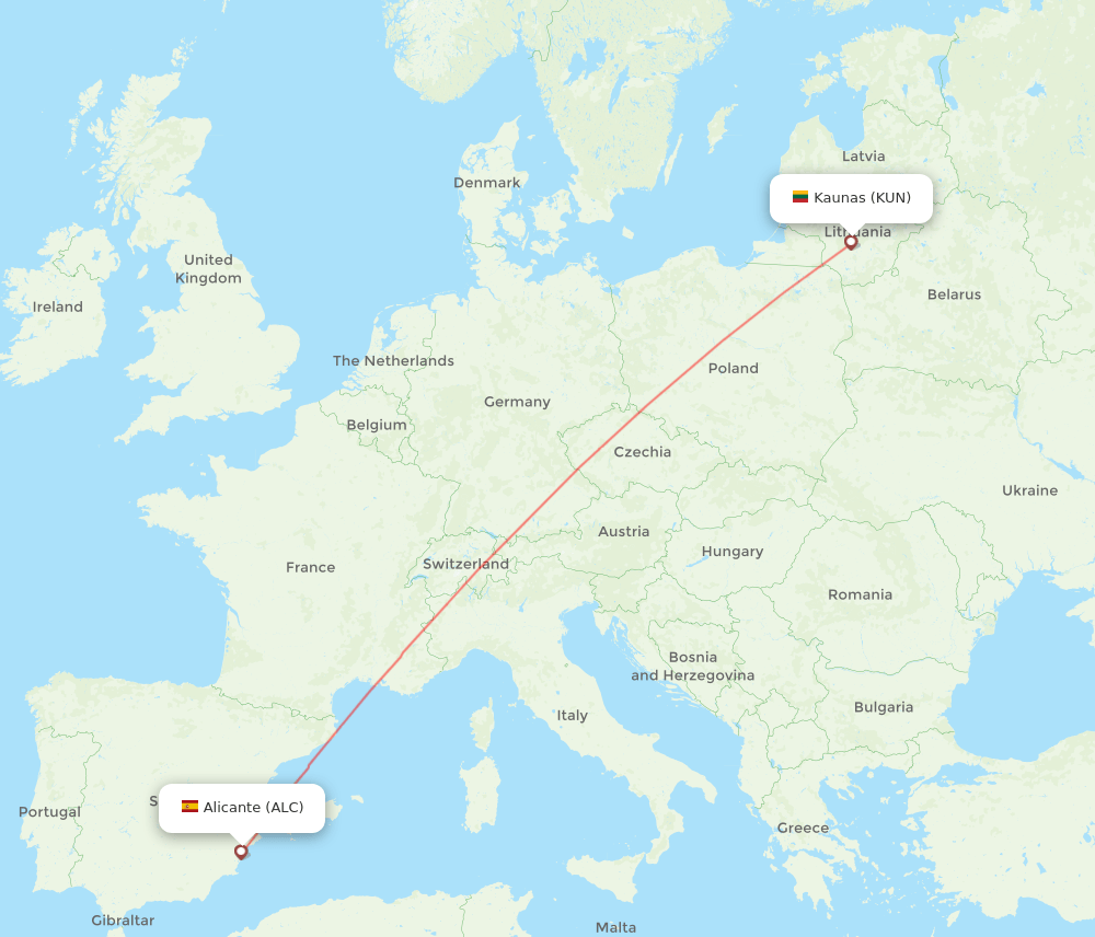Kaunas - Alicante route map and flight paths