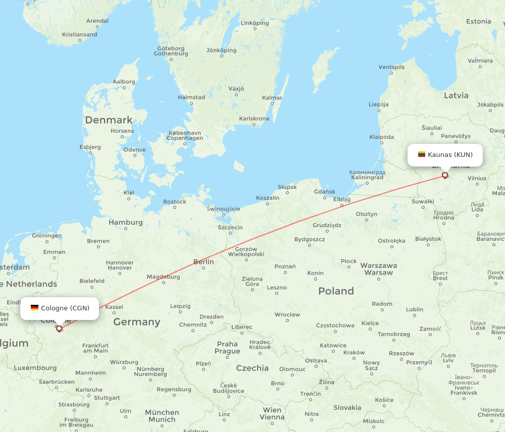 KUN to CGN flights and routes map