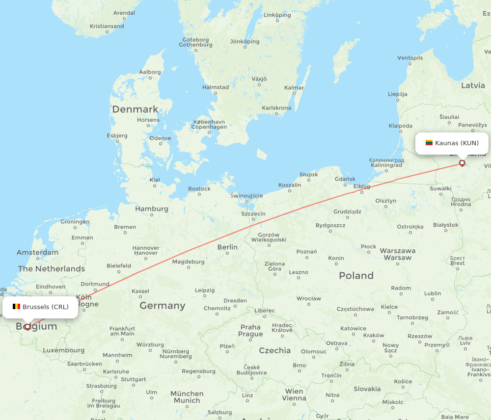 Kaunas - Brussels route map and flight paths