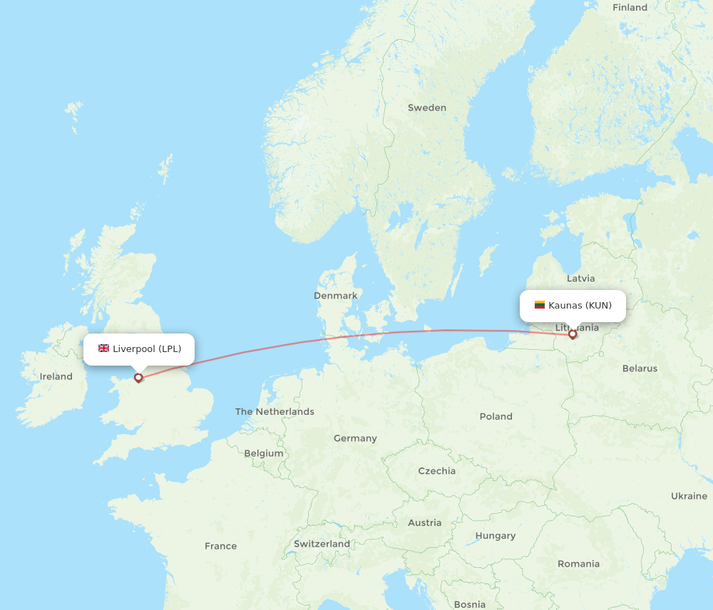 Kaunas - Liverpool route map and flight paths