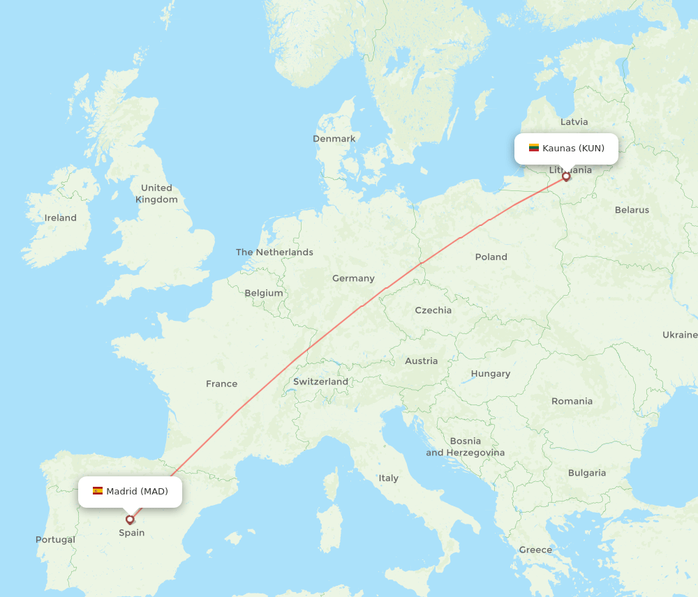 Kaunas - Madrid route map and flight paths