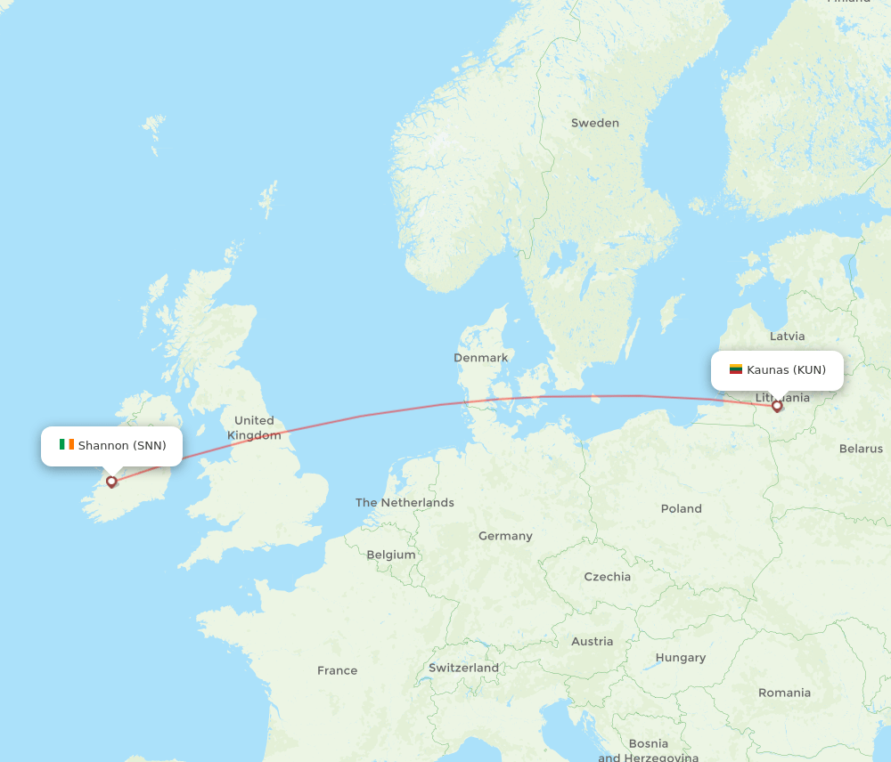 Kaunas - Shannon route map and flight paths