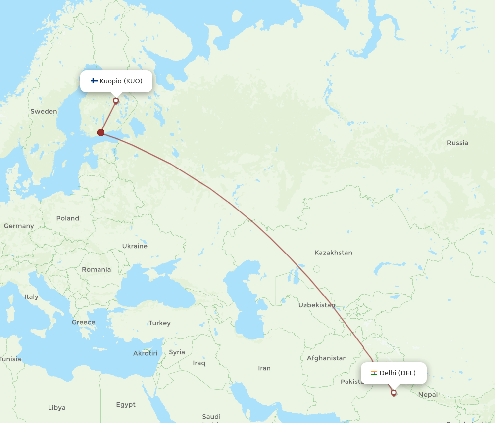 KUO to DEL flights and routes map