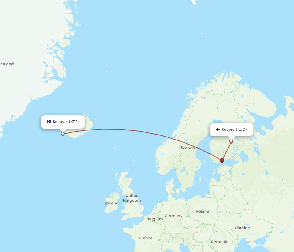 KUO to KEF flights and routes map