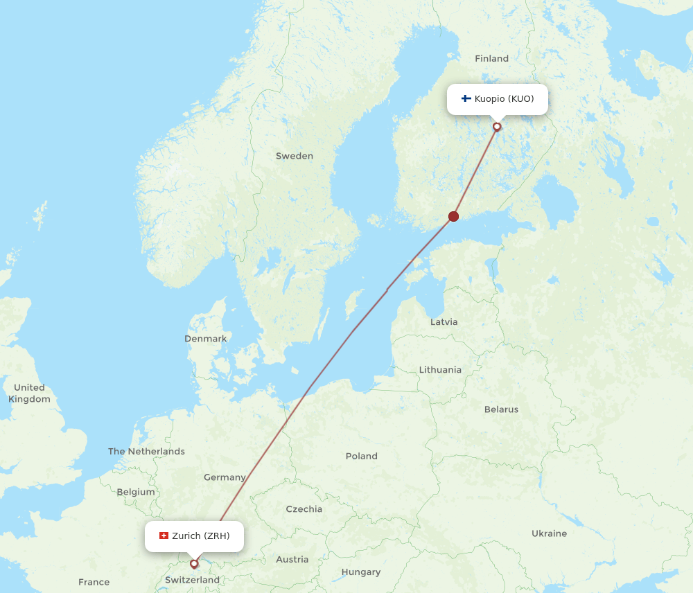 Zurich - Kuopio route map and flight paths