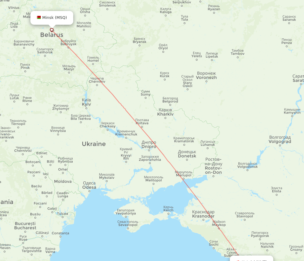 Kutaisi - Minsk route map and flight paths