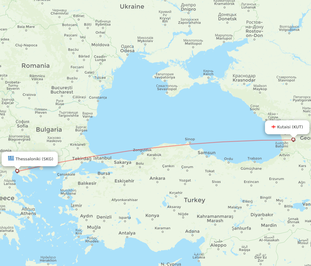 Kutaisi - Thessaloniki route map and flight paths