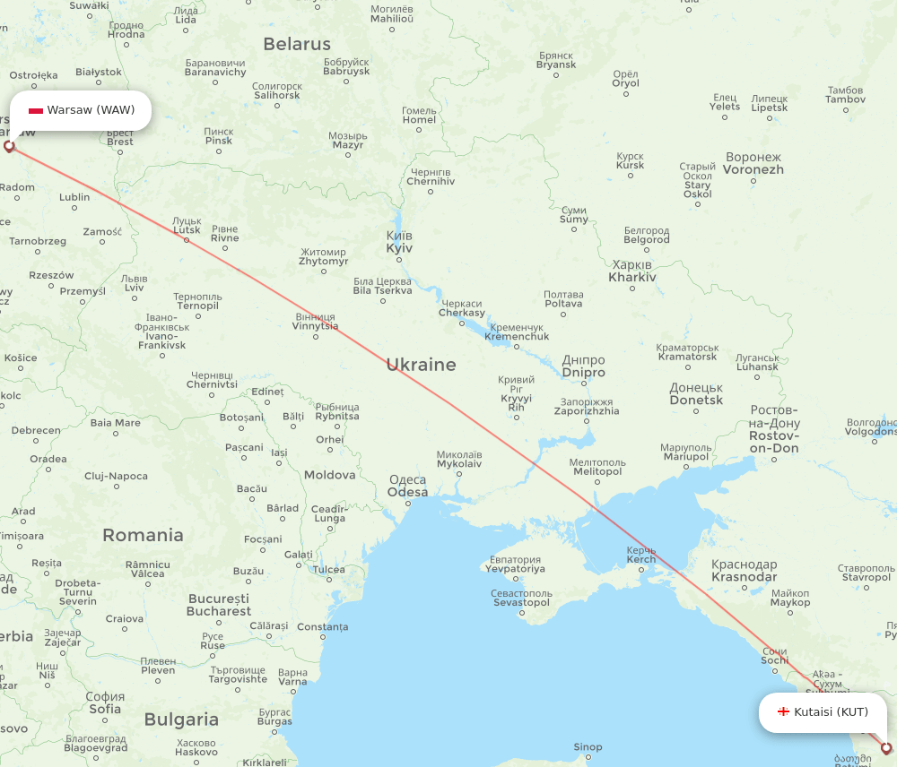 Kutaisi - Warsaw route map and flight paths