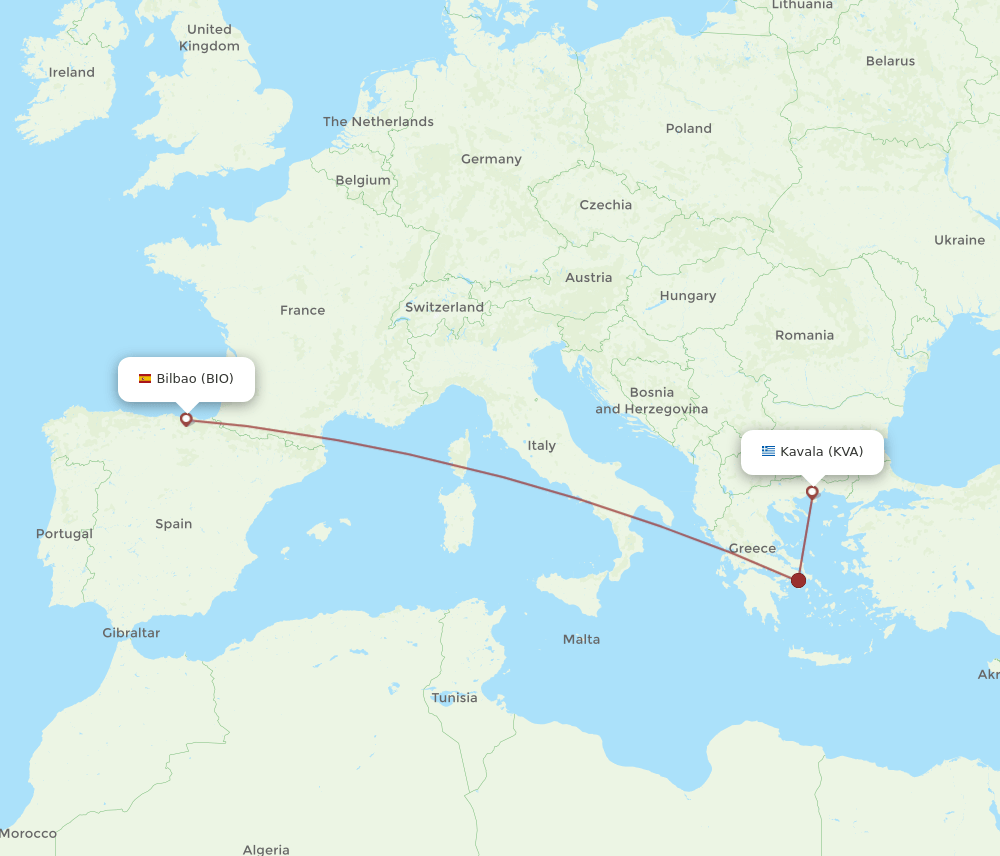 Bilbao - Kavala route map and flight paths
