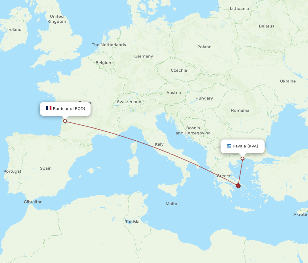 KVA-BOD flight routes