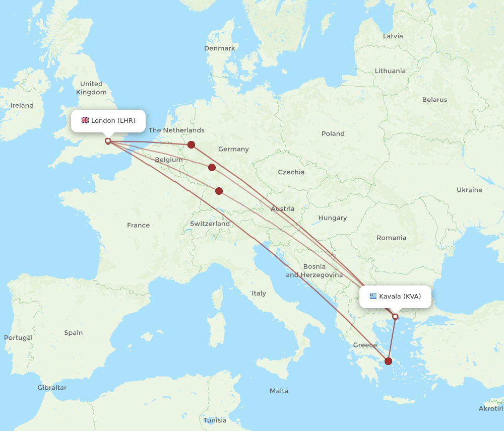 KVA-LHR flight routes