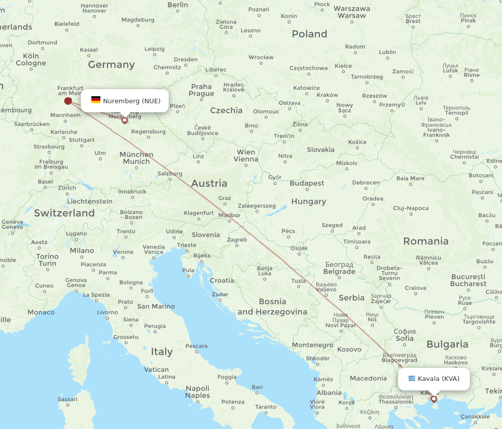 Nuremberg - Kavala route map and flight paths
