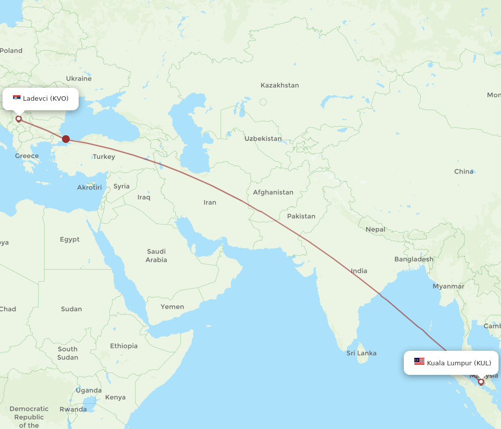 Kuala Lumpur - Kraljevo route map and flight paths