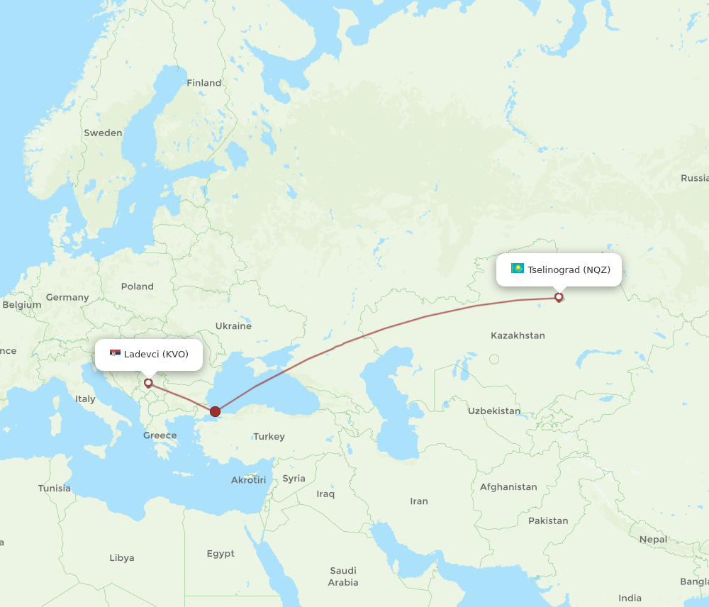 Astana - Kraljevo route map and flight paths