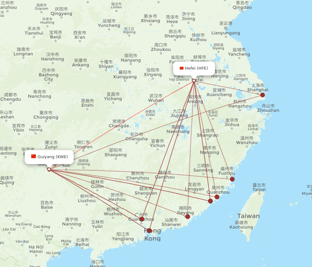 KWE to HFE flights and routes map