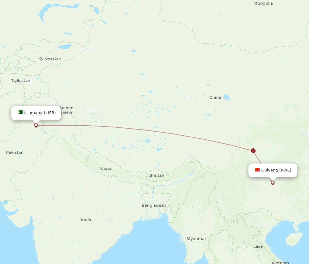 Islamabad - Guiyang route map and flight paths