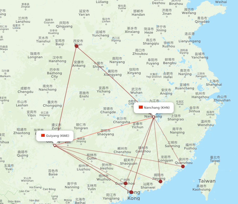 KWE to KHN flights and routes map