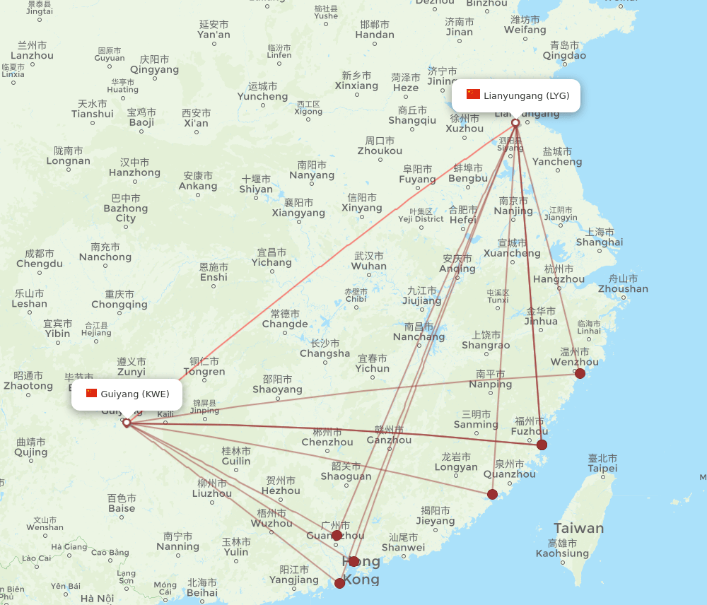 KWE-LYG flight routes