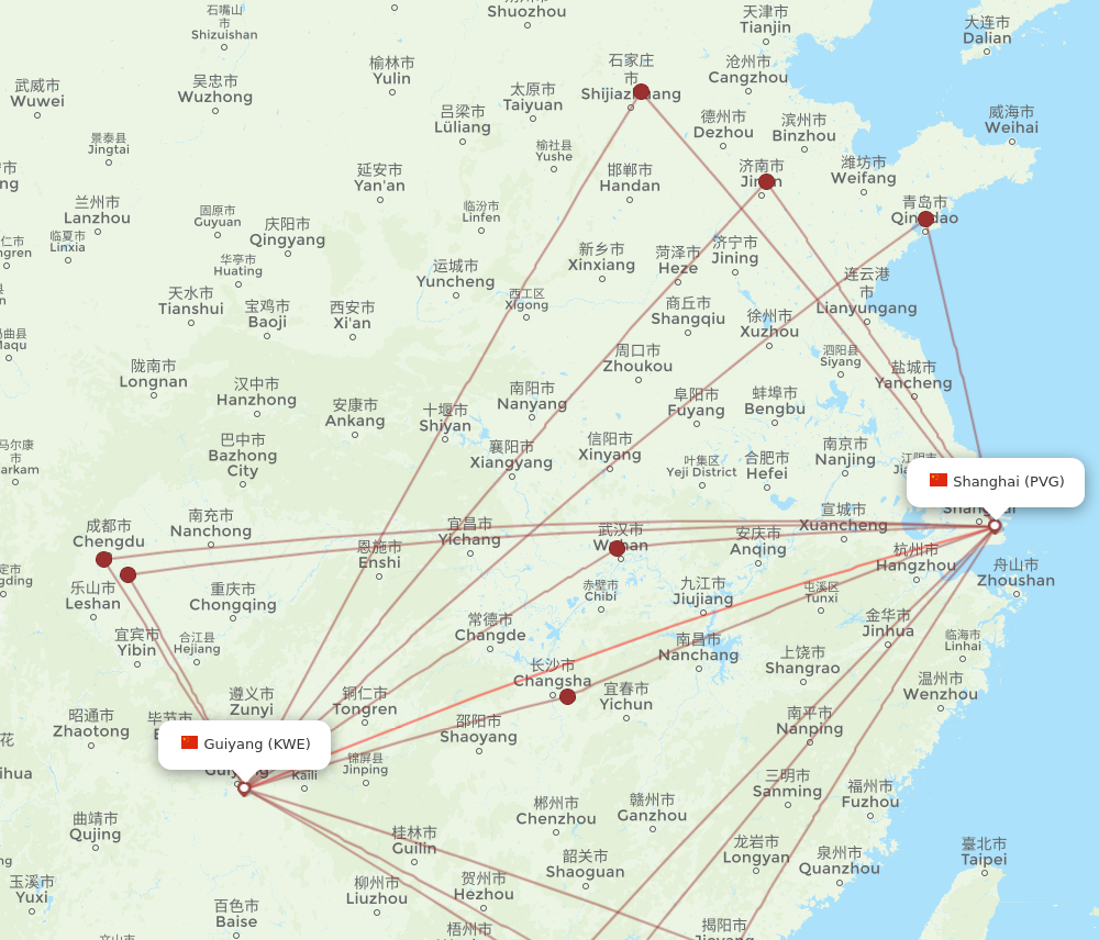 KWE to PVG flights and routes map