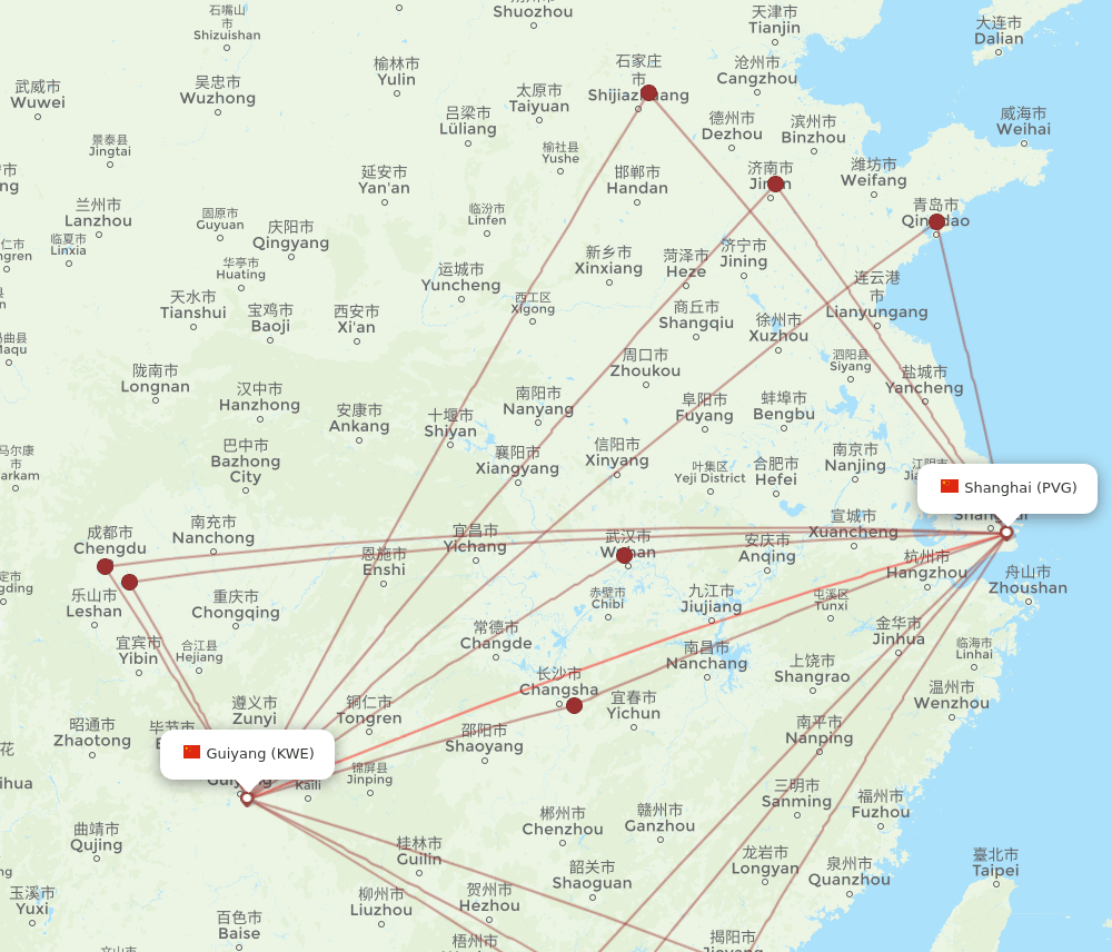 KWE to PVG flights and routes map