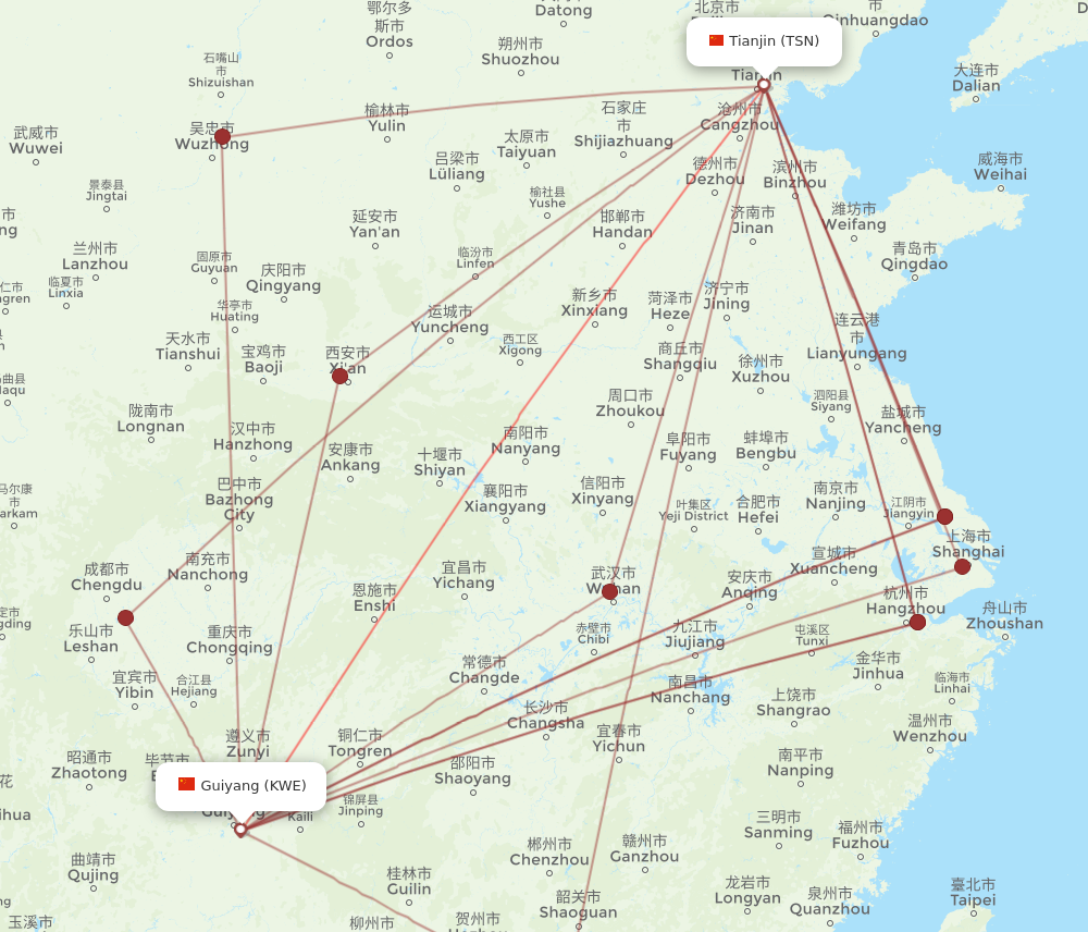 KWE to TSN flights and routes map